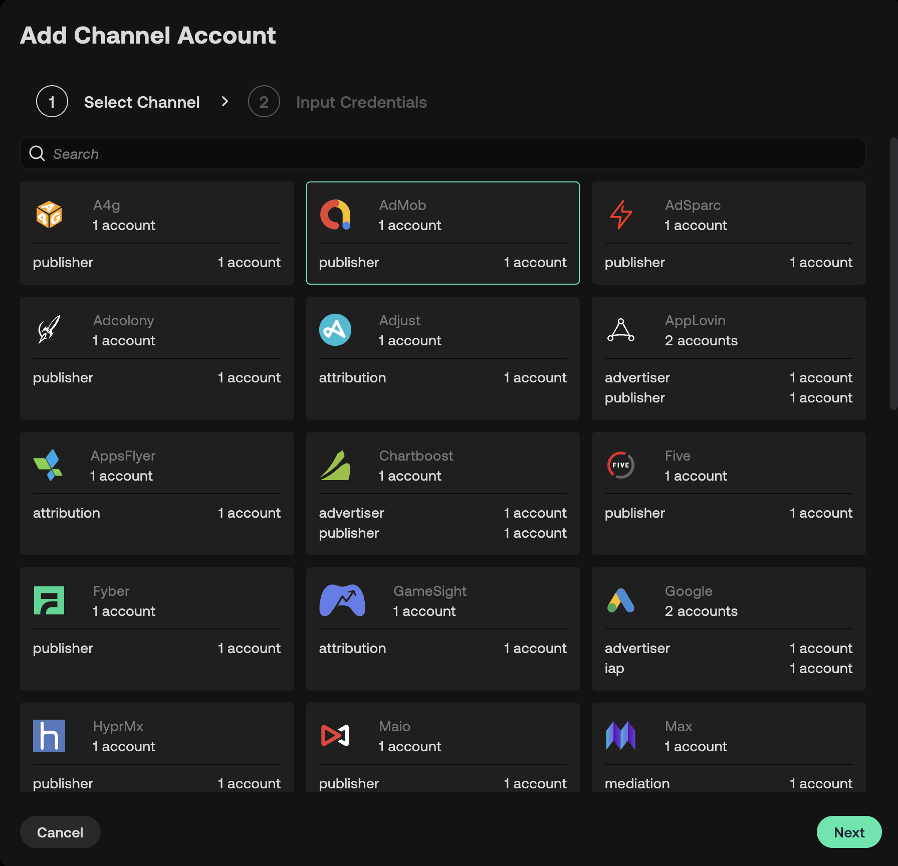 Select AdMob Channel